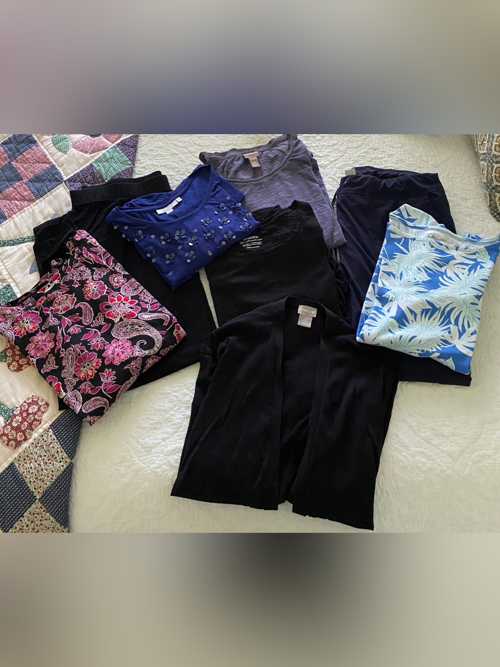 Large bundle of Chico’s size 1 (Med) clothing including tops, skirt, pants